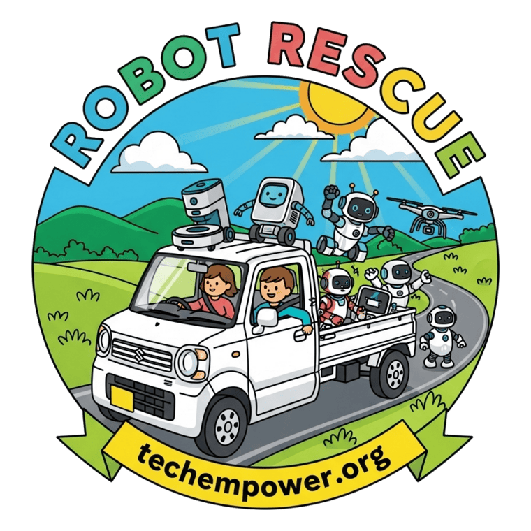 The ROBOT RESCUE badge: a white kei truck full of cartoon robots driving through green hills, with techempower.org on a banner underneath.